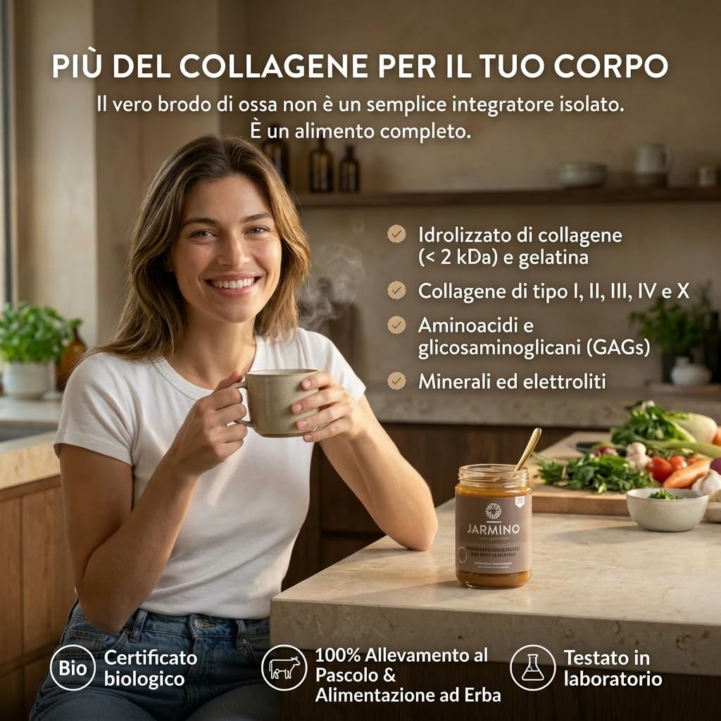 JARMINO Brodo di Ossa Biologico Concentrato, Bone Broth di Manzo da Allevamento al Pascolo e Nutrito a Erba, Brodo Liquido con Collagene Tipi 1 2 3, Keto Paleo AIP, 220 g, 22 Porzioni