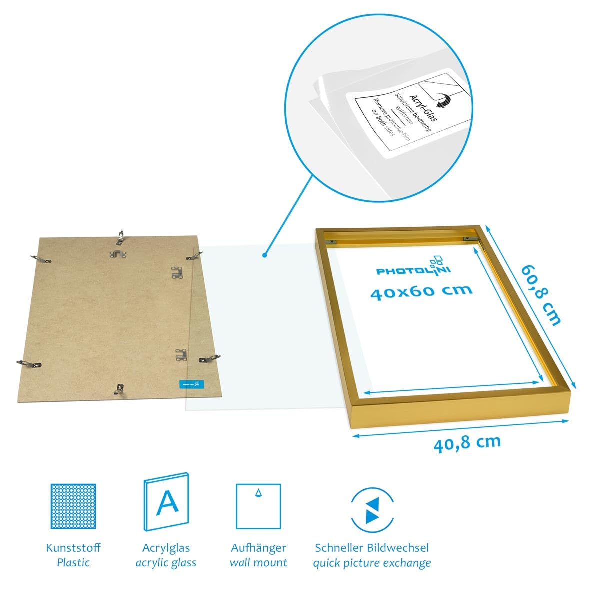 PHOTOLINI Cadre photo 40 x 60 cm dorés, lot de 3 cadres en plastique étroits, verre acrylique, à suspendre, avec accessoires - pour documents, diplômes, certificats et photos