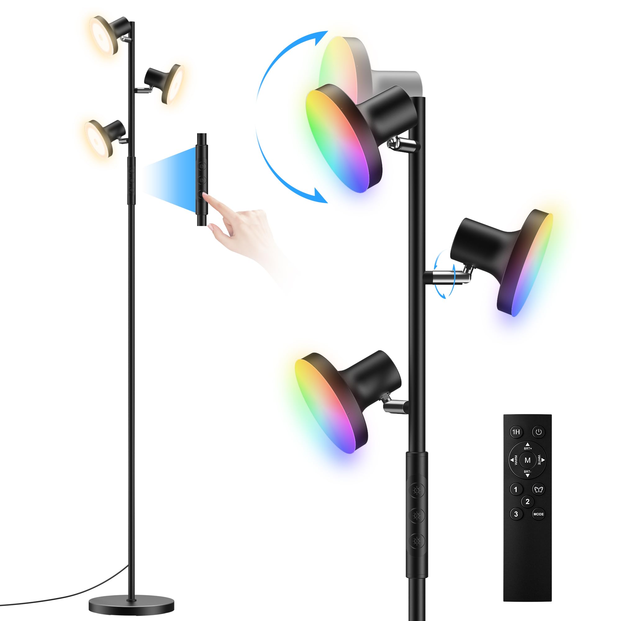 SIBRILLE RGB Lámpara de Pie LED Regulable 36W 2500LM lampara de Pie Salon con Mando a Distancia, 2700-6500K, 3 Luces Regulables, Control Individual, Lámpara Moderna para Salón Dormitorio y Oficina