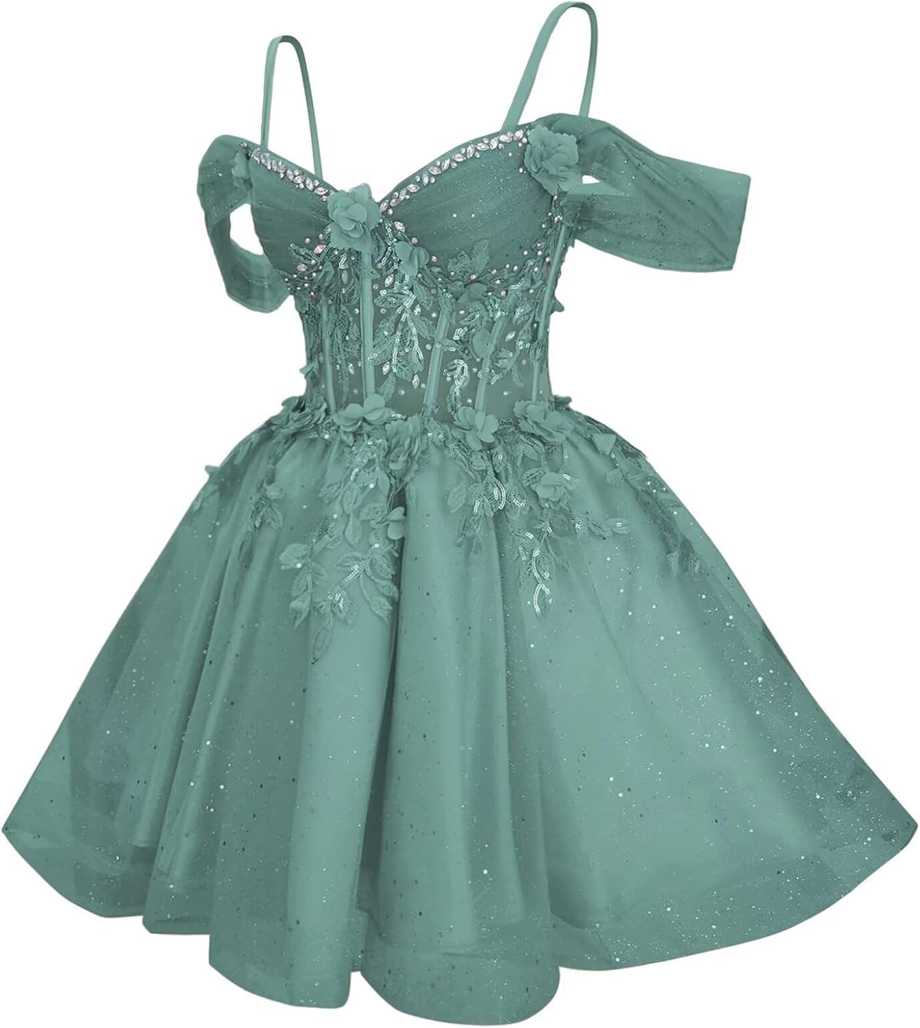 Sparkly Tulle Homecoming Dresses Off Shoulder DAMA Dress Lace Applique Floral Rhinestone for Teens Short Prom Gown