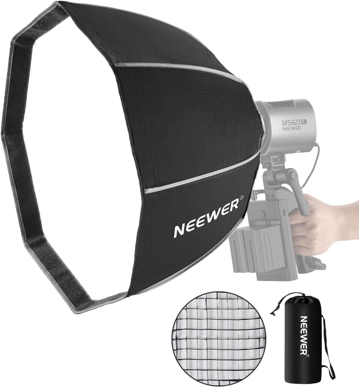 NEEWER Octagonal Softbox 50 cm with NEEWER Bracket, Octabox Softbox Folding & Quick Installation with Honeycomb Light Diffuser/Grid for MS60 MS60B MS60C MS150B,NS4P LED Studio Lamp