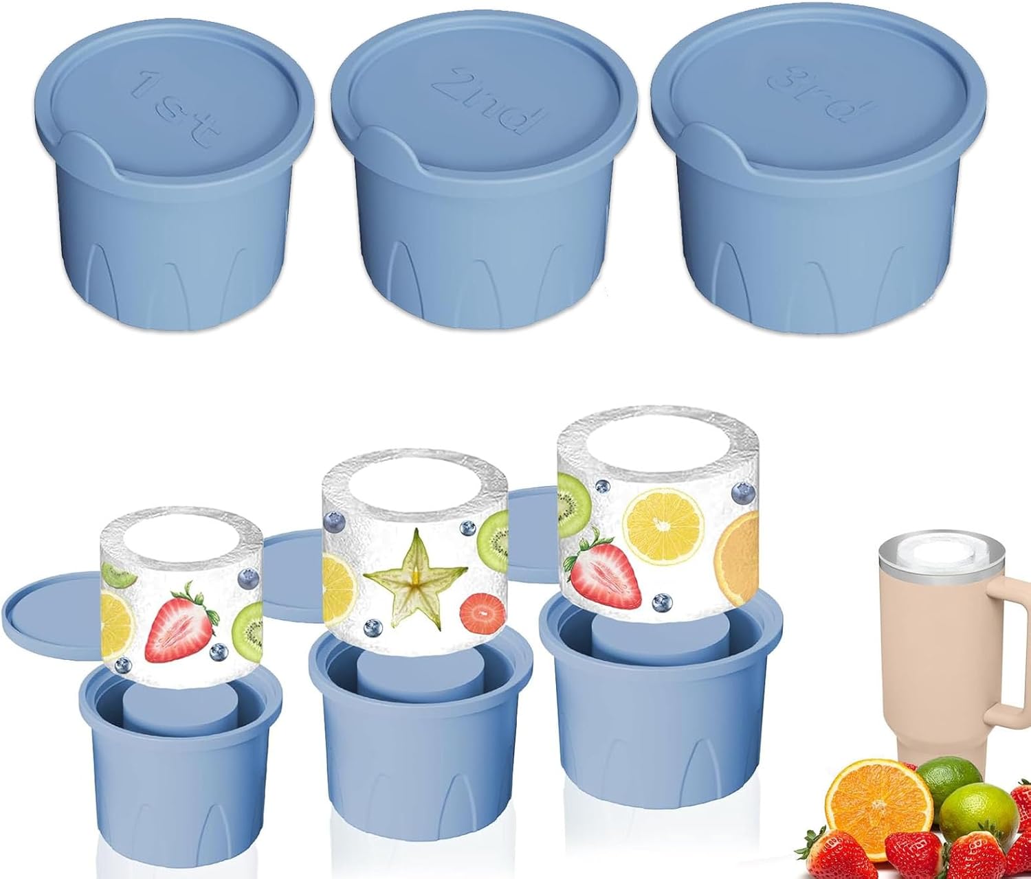 Set of 3 Hollow Cylindrical Silicone Ice Cube Mold for 24-40oz Flask/Thermos Tumbler,BPA-Free, Ideal for Whiskey, Cocktails, Drinks, Coffee (Set-Blue)