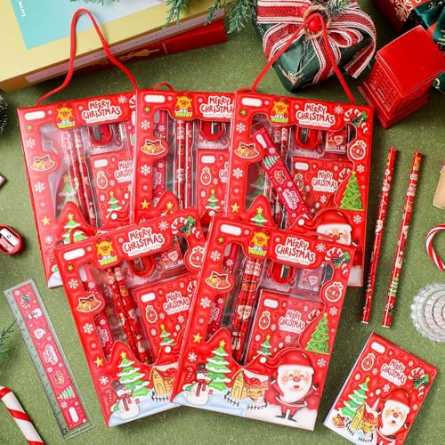 Ctosree 6 Set Christmas Stationery Set for Kids Includes Pencil Pencil Sharpener Eraser Ruler Mini Notebook, Xmas Party Themed Classroom Gift Exchange School Games Prizes Carnival Events - Image 6