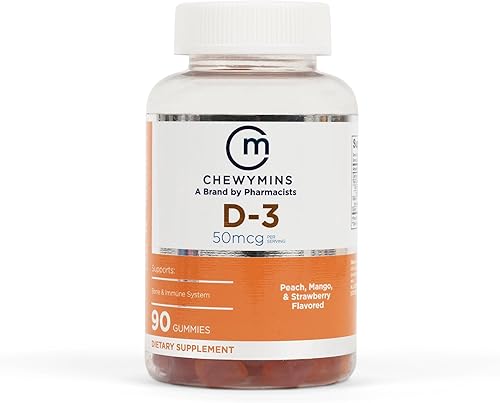 Gomitas de vitamina D-3 Halal - Sabor melocotón, mango y fresa - Sin OMG, orgánicas y vegetarianas - Apoya los huesos y el sistema inmunológico - 50