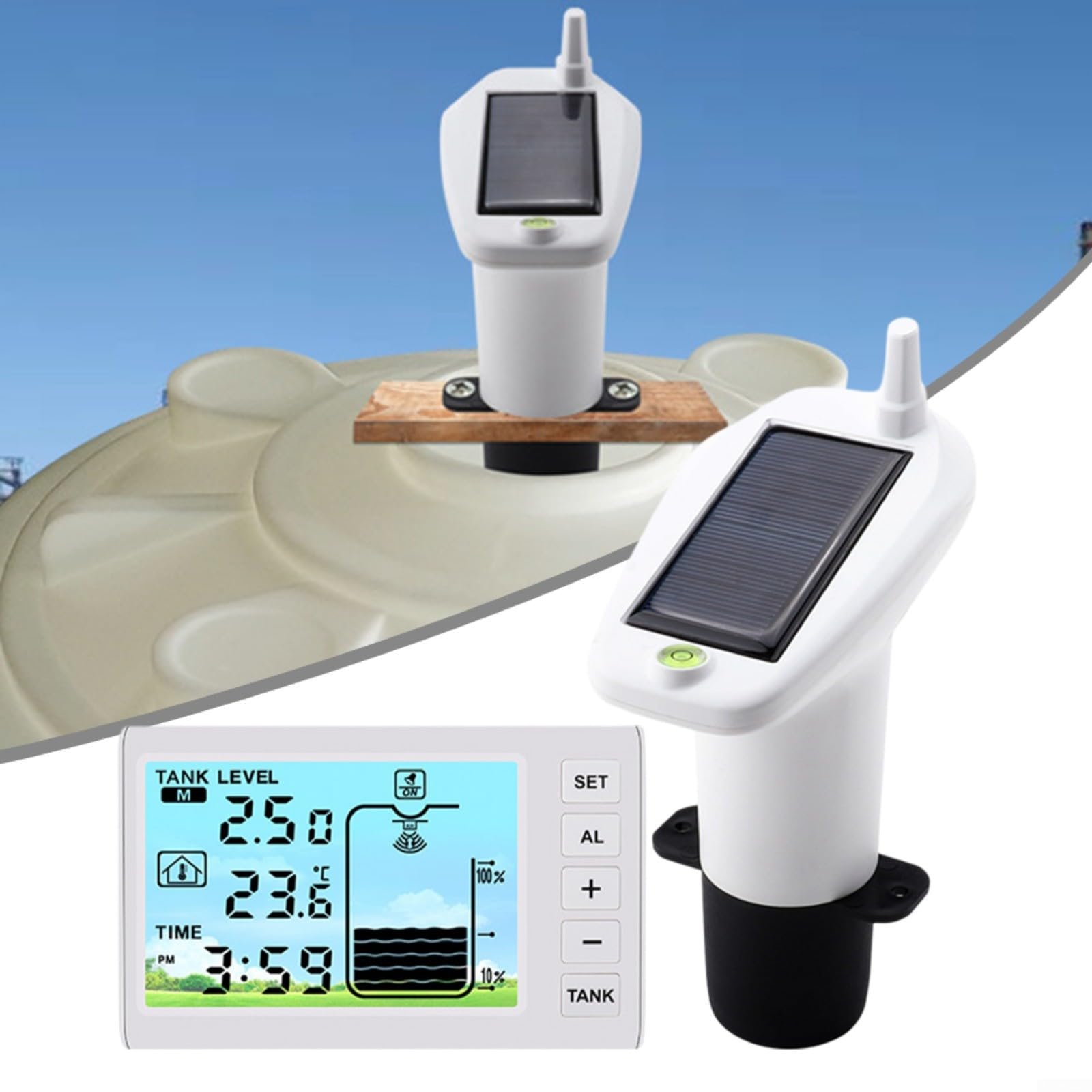 Monitor digital de nivel de agua con pantalla retroiluminada, lectura de temperatura interior/exterior, alarma Ip65 transmisor impermeable para jardín