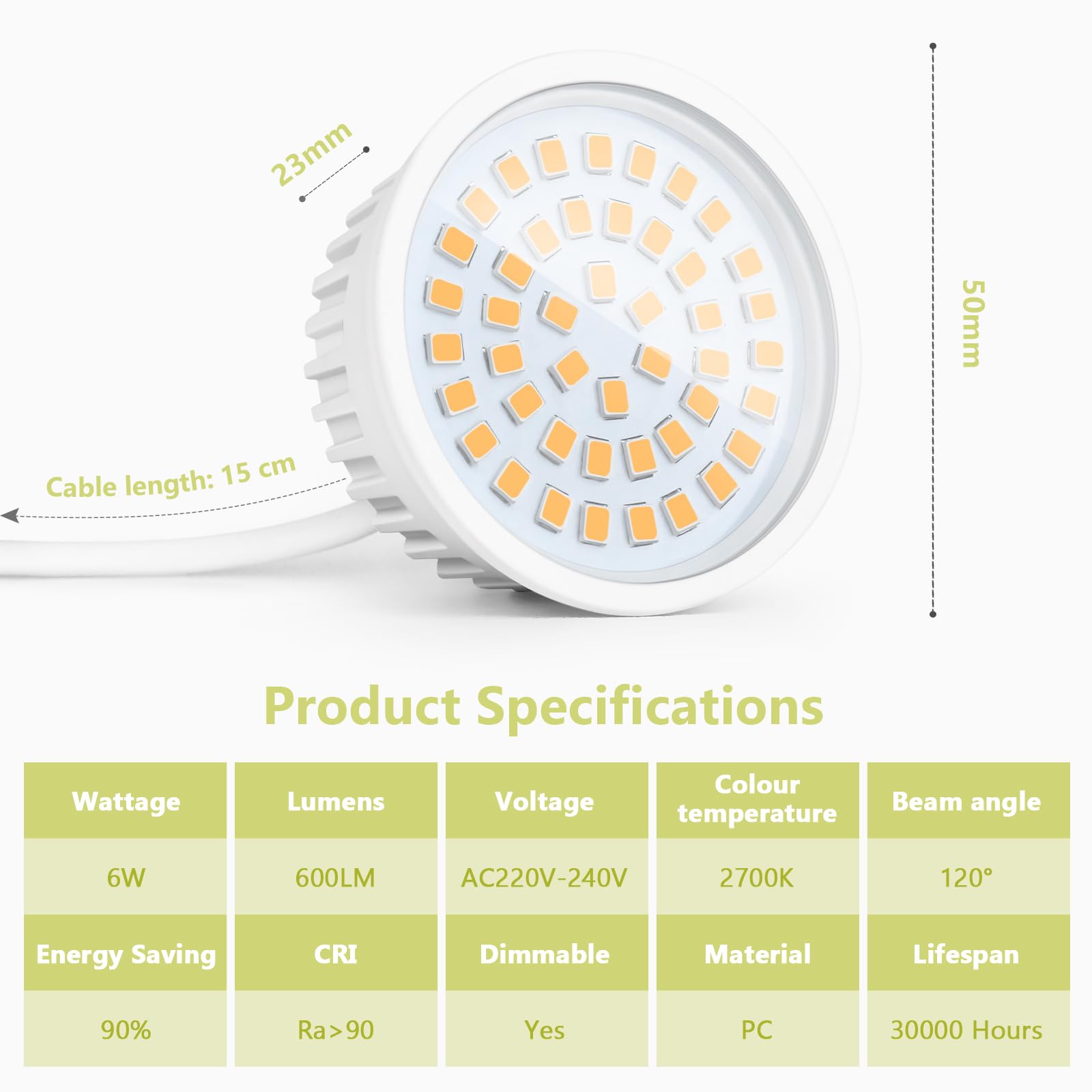 YindaLux 10x Moduli LED 230V, Ultra Sottili Ø50x23mm, 6W 600LM IP44, Angolo 120°, Ricambio GU10/MR16, 2700K/Dimmerabili, per Faretti Incasso Plafoniera Spot