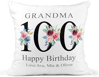 100th Birthday Gift for Women, Personalised Cushion/Pillow with Kids Names and Floral Design, Birthday Gift for Mum, Birthday Gift For Nanny/Grandma, 1921