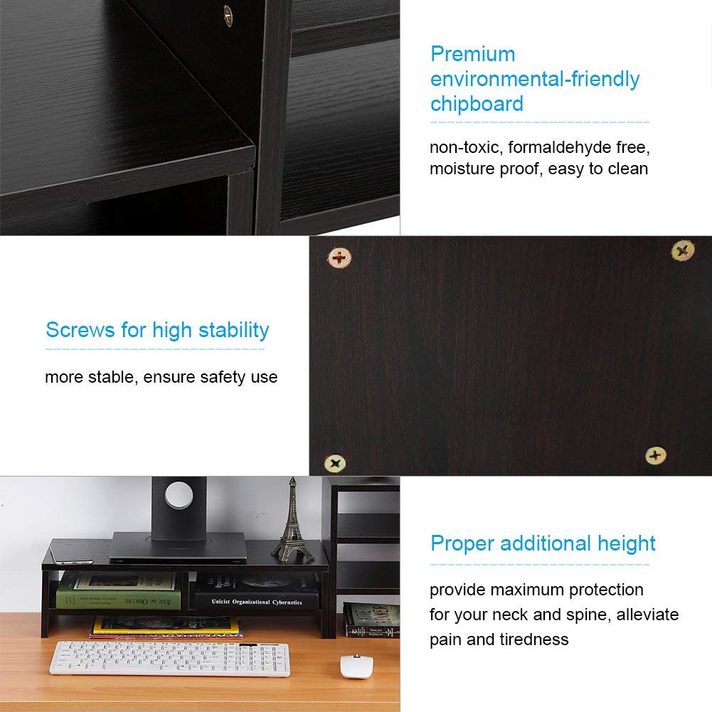 Supporto per monitor da scrivania in legno con 2 ripiani per laptop e 3 ripiani per PC, supporti per stampante, alzate per schermo TV, organizer per scrivania