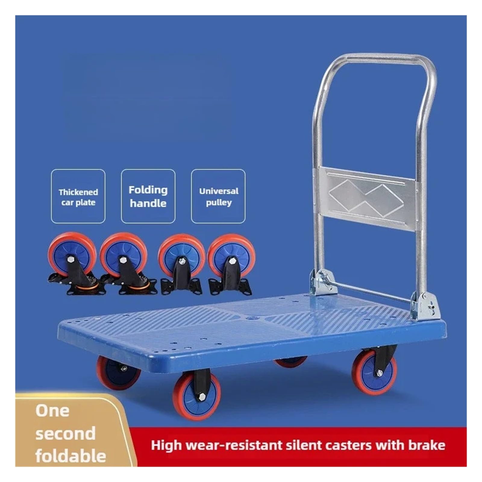 Compatibile con carretto pieghevole, carrello da carico di piccole dimensioni, rimorchio magazzino, shopping silenzioso portatile a quattro ruote, movimentazione(Blue medium size)