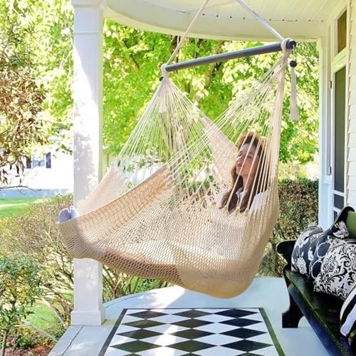 Caribbean Hammock Swing Chair with Spreader Bar, Large Hammock Chair, Hand Craft Rope Hanging Chair Outdoor, Indoor, Bedroom, 330 lbs Weight Capacity,