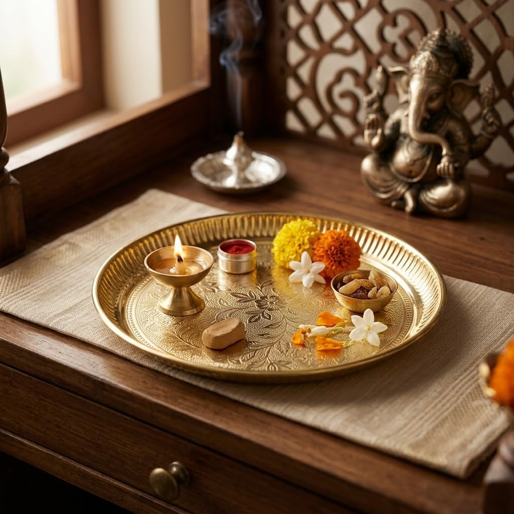 Decorative Brass Round Pooja Thali, 20 cm Engraved Floral Design Brass Plate for Aarti Rituals, Daily Pooja, Temple, Home Mandir Decor, Offerings and Festival Use