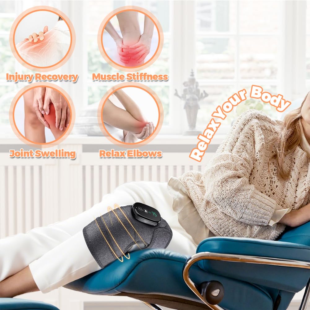 Joyzan Masseur de Genoux, Massage Genoux 3 in 1 Genouillère Chauffante Sans Fil Fonction de Vibrations Appareil Massage Pour Genou Épaule Coude Mollet 2 Ceinture D'extension Température à 3 Vitesses