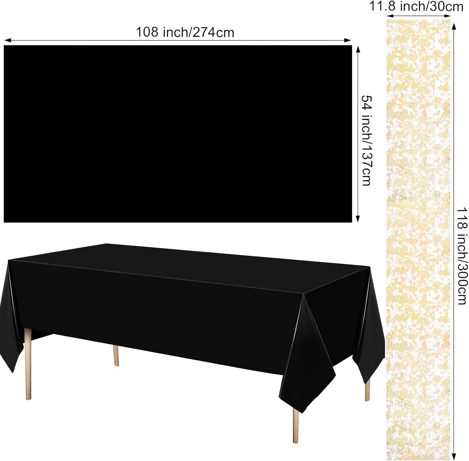Mindsoft 6 Pieces of 54 x 108 Inch Rectangular Table Cloths and 6 Pieces of 11 x 108 Inch Gold Foil Metallic Mesh Table Runners Plastic Cover for Weddings Thanksgiving Christmas Birthday Party