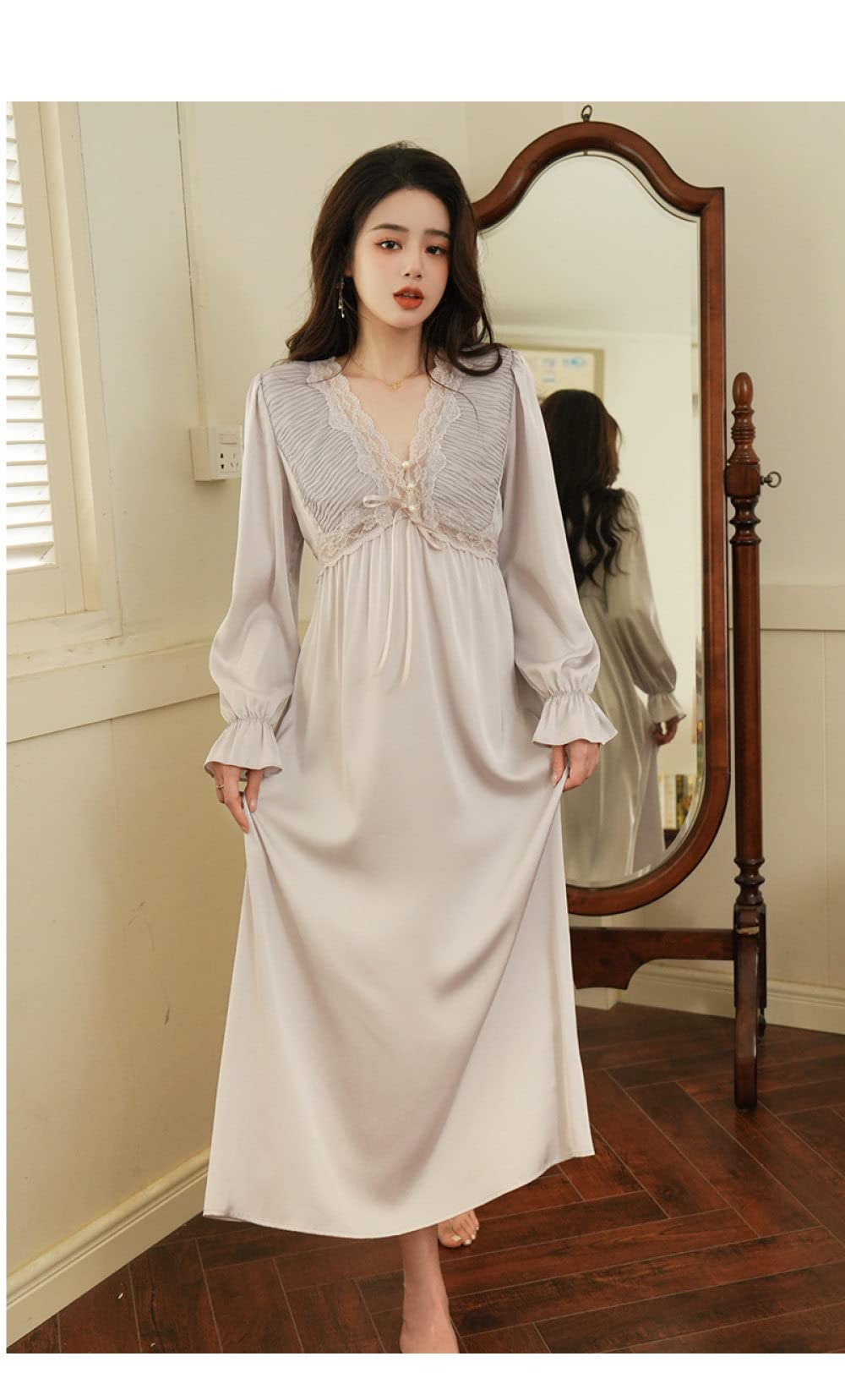 Nachthemd,Damen-Nachthemden, Grauer Satin, V-Ausschnitt, Hohle Spitze, Nähte Mit Knöpfen, Sexy Schlafhemd, Weiches, Bequemes, Langärmliges Nachthemd, Loungewear Für Damen, Mädchen, Pyjama-Party