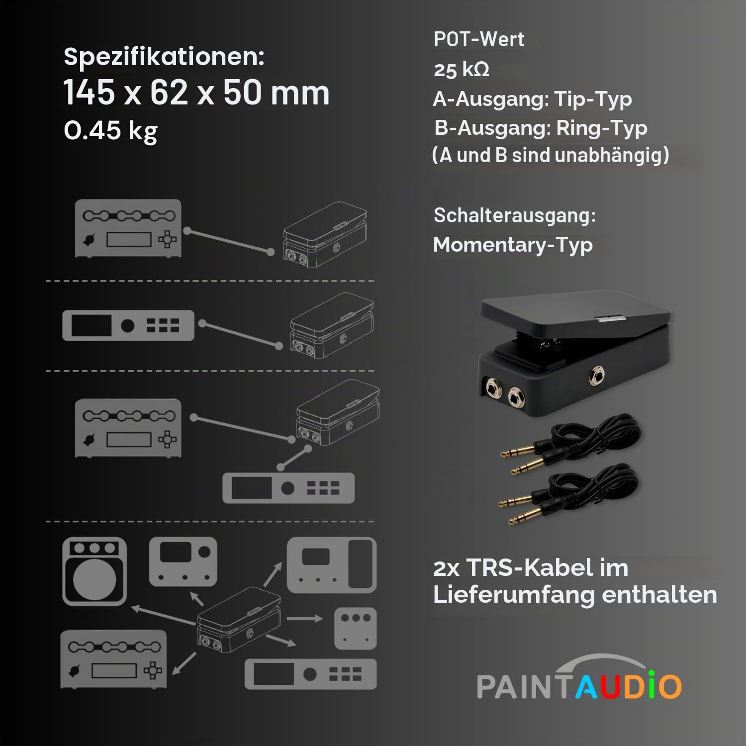 Paint Audio Foot Captain Dual Outputs Expression Pedal, Multi-Effekt-kompatibel für Tip/Ring-Verbindung (Foot Captain-SWM)