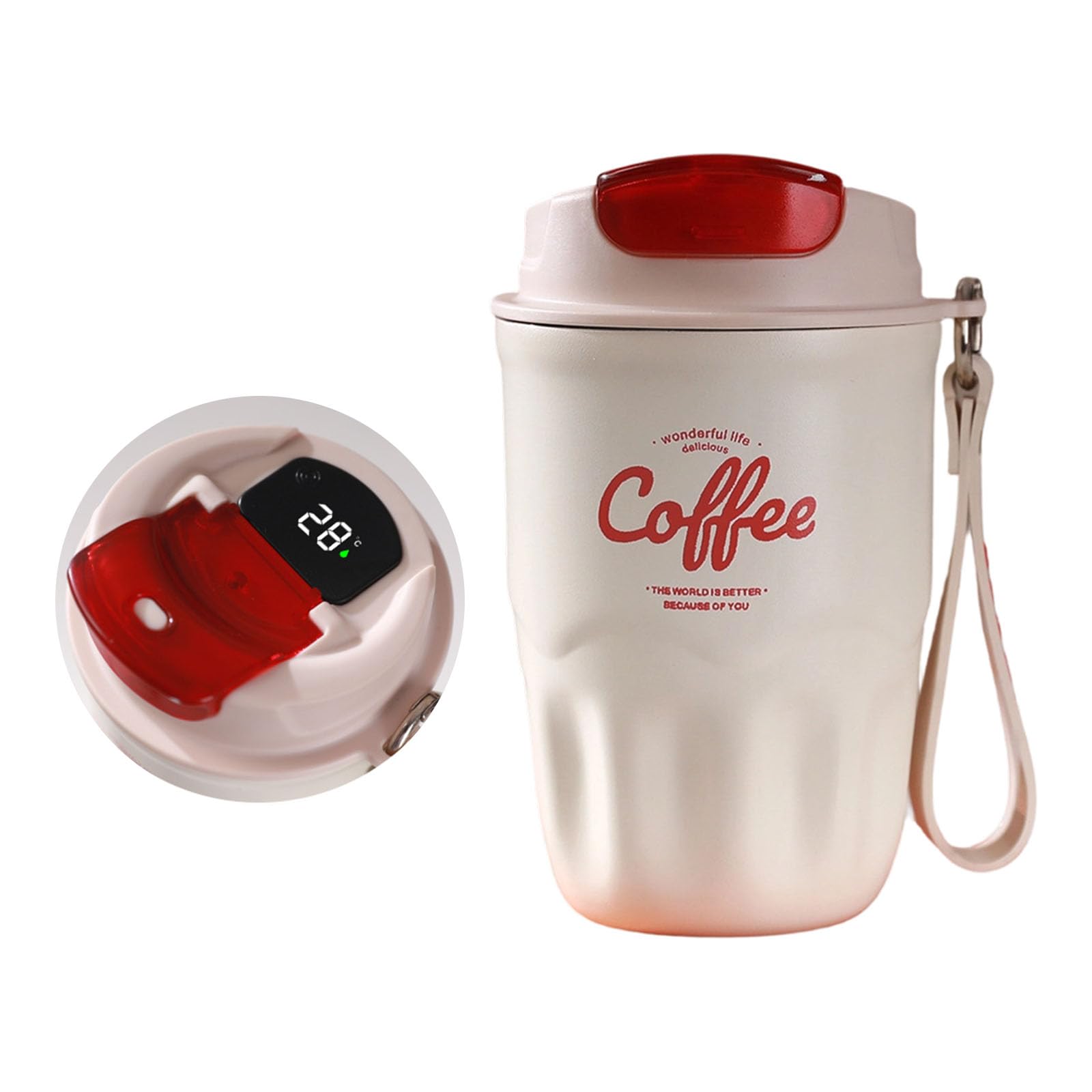 Elnwnnkc Insulated Travel Mug Stainless Steel Coffee Cup with Carry Strap, Drinking Lid and Compact Desk Drink Carry Use Compact Daily Tea Water