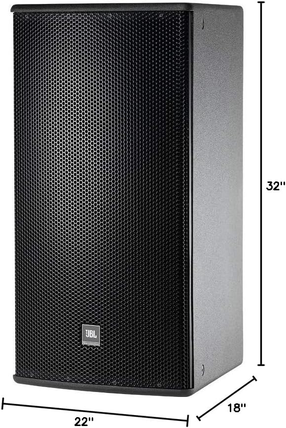 JBL Professional AM7215/66 Loudspeaker with dimensions: 32 inches high, 22 inches deep, 18 inches wide.
