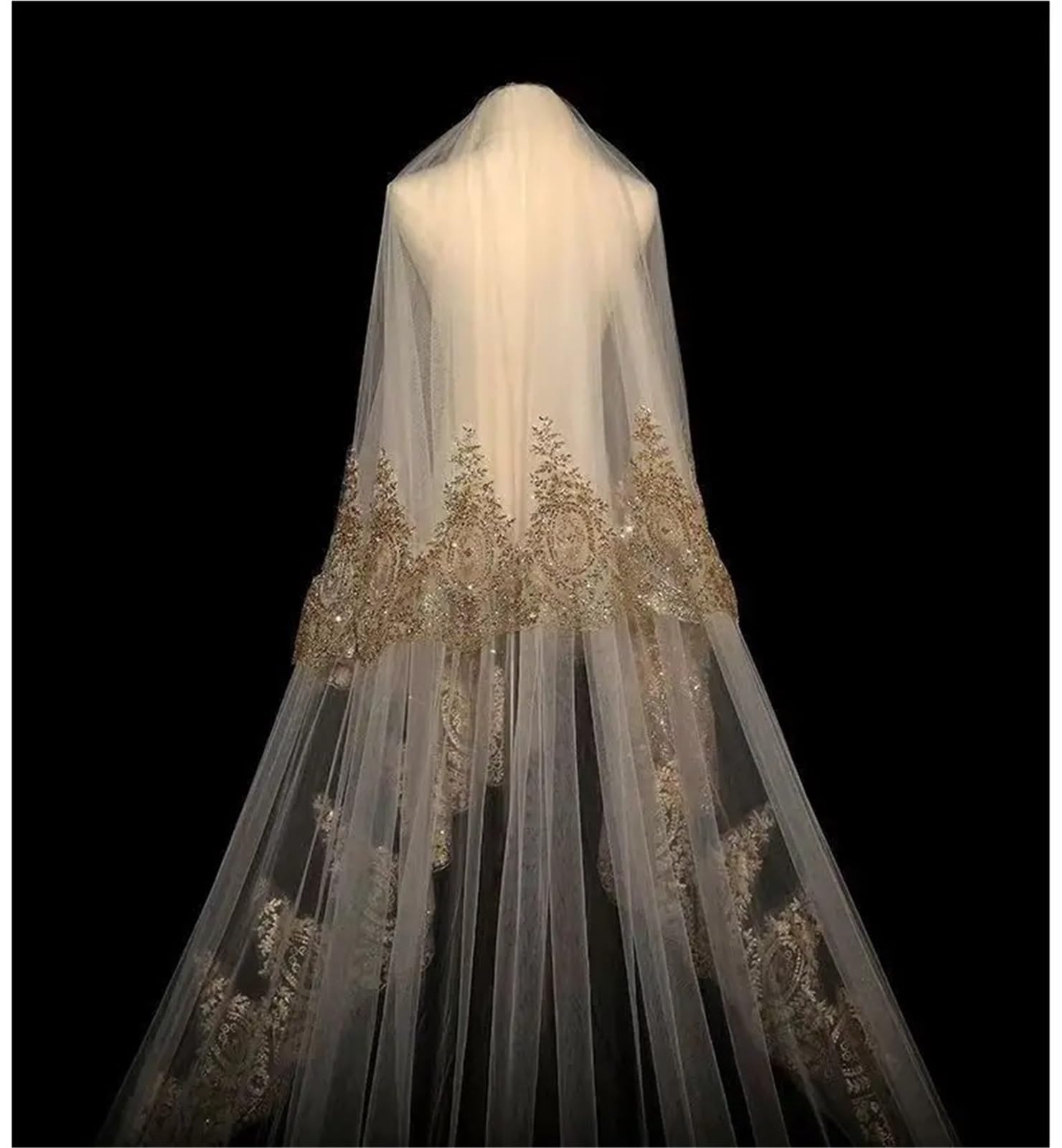 Brautschleier 3,0 m Länge, breit, einlagiger Hochzeitsschleier mit Kamm, weißer Brautschleier Spitzenkante, Champagner-Applikationen, Kathedralenhochzeit