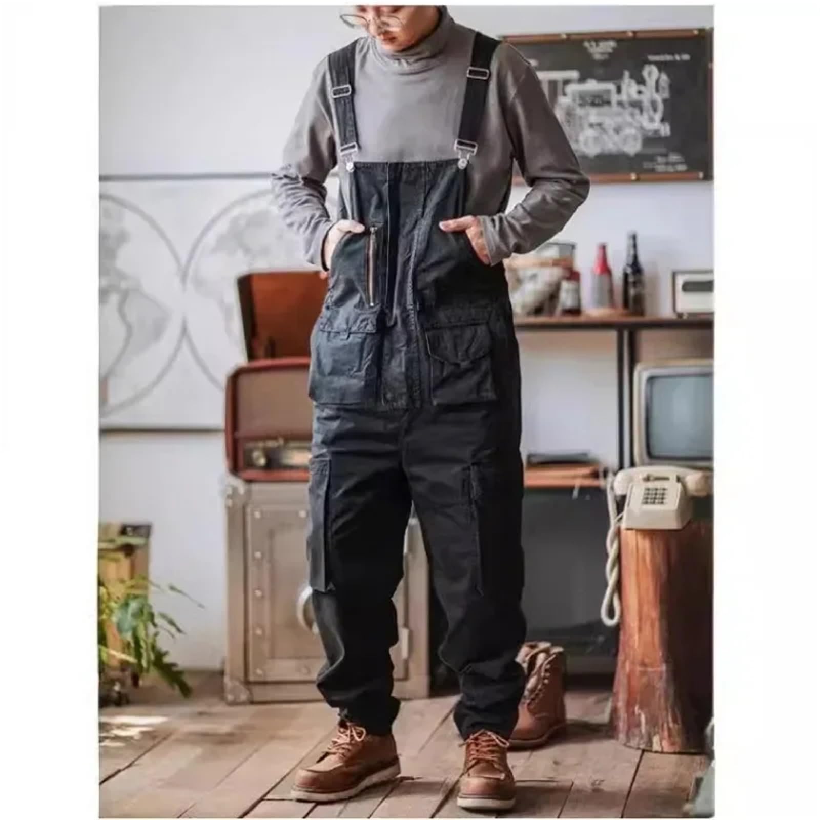 Salopette Uomo Jeans Tuta da Lavoro Multitasche con Tubo Dritto, Pantaloni Uomo Bretelle(Blue,XXXL)