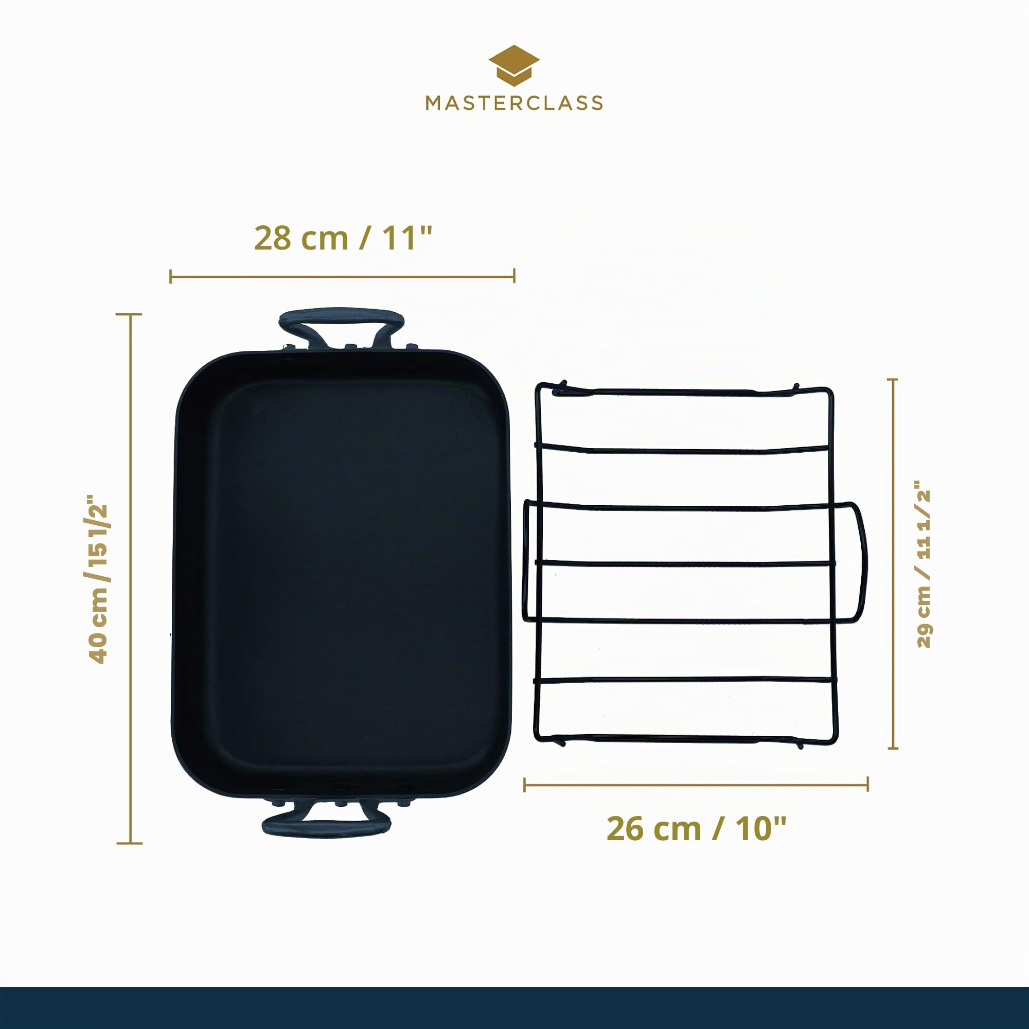 MasterClass Molde para Asar Profundo con Rejilla y Revestimiento Antiadherente Teflon Xtra en Caja de Regalo, Asador de Acero al Carbono con Asas, 40 x 28 x 8cm (15,5 x 11 x 3''), Gris
