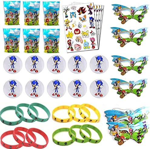 Allber Sonic Theme Birthday Party Favor For Kids- Sonic Wristbands, Tattoos,Goodie Gift Bags, Badges, Sonic Masks for Classroom Rewards Carnival Prizes Set Gifts for Kids Boys Girls, Serve 10 Guests