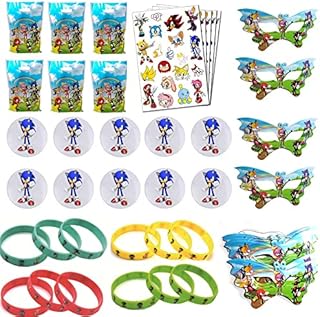 Allber Sonic Theme Birthday Party Favor For Kids- Sonic Wristbands, Tattoos,Goodie Gift Bags, Badges, Sonic Masks for Classroom Rewards Carnival Prizes Set Gifts for Kids Boys Girls, Serve 10 Guests