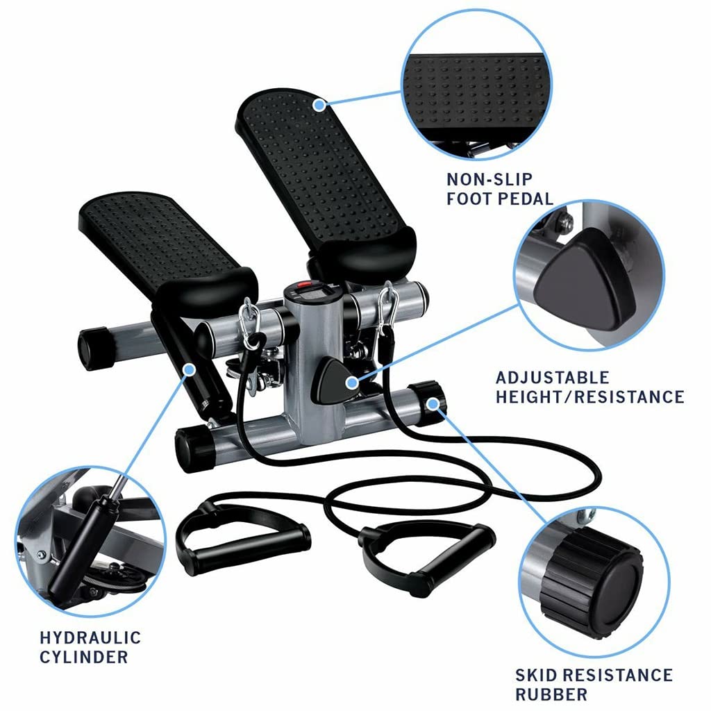 Mini Stepper ćwiczenia treningowe Fitness Cardio Stepper z wyświetlaczem LCD, Step Machine z wyjmowanymi pasmami oporu do ćwiczenia nogi