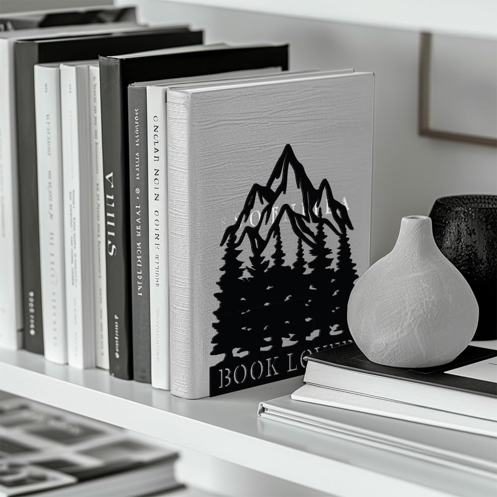 Peacoblue Buchstütze Dekorativ Modern Berge und Wälder Metall Buchstützen für Schwere Bücher 13.5 x 10.9 x 16.0cm, Bücherhalter für Heimdekoration, Bücherregal & Büro - 1 Paar