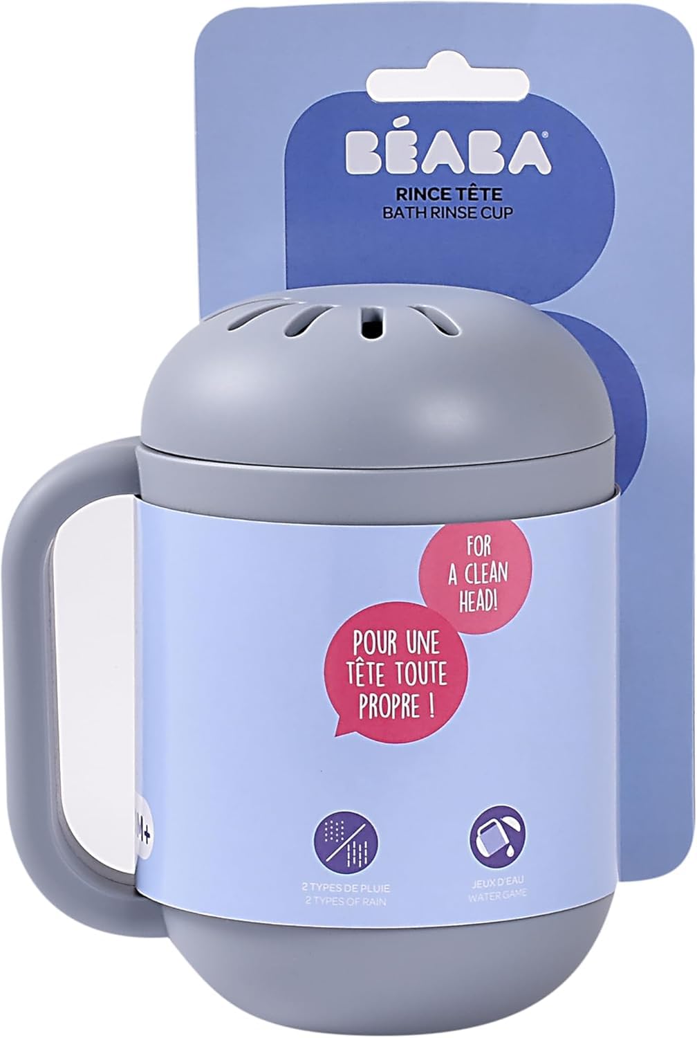 BÉABA, Enjuague Cabeza Bebé, Rociador Baño/Ducha, Juegos de Baño, 2 en 1, Enjuague Cabello y Juegos de Agua de Baño, 2 Tipos de Lluvia, Tapa Extraíble, Silicona, Guijarro