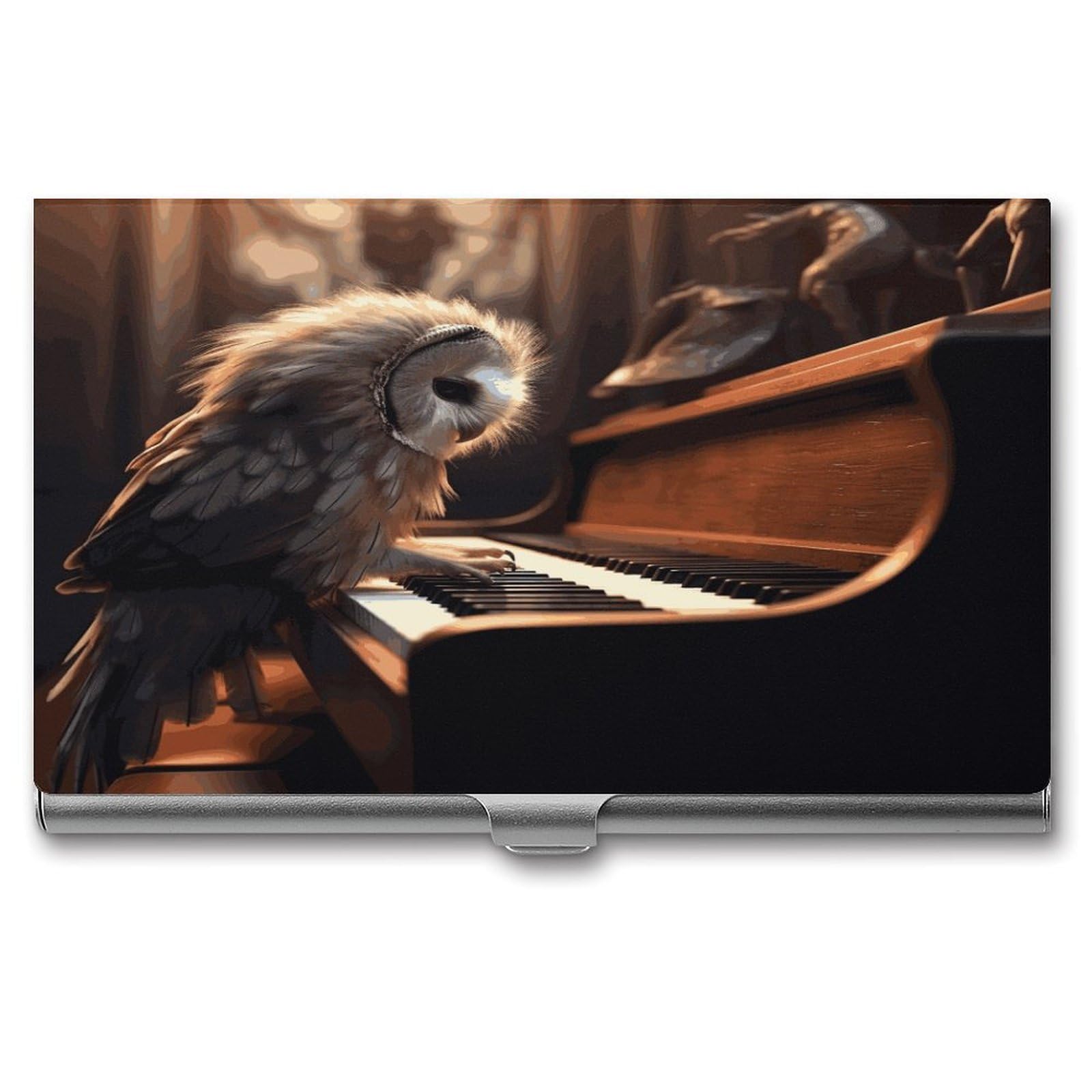 LDGSUPH Owl Plays Piano Business Card Holder Fashion Slim Name Card Holder Minimalist Design Case Metal Card Carrier Personalized Business Card Case with Flip for Men Women