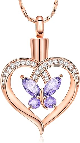 Miniatura 8 de Imrsanl Collares de urna de mariposa para mujeres y niñas, joyería de cremación con piedra natal, colgante para cenizas humanas, medallón