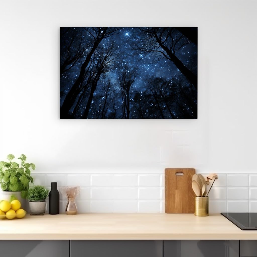 Canvas for Living room. Gazing Upwards: Serenity Among the Stars Through the Silhouetted Forest, 27 x 18 inch Canvas Wall Art - Contemporary Masterpieces - Modern Home Decor - 69x46 cm (27x18 inch)