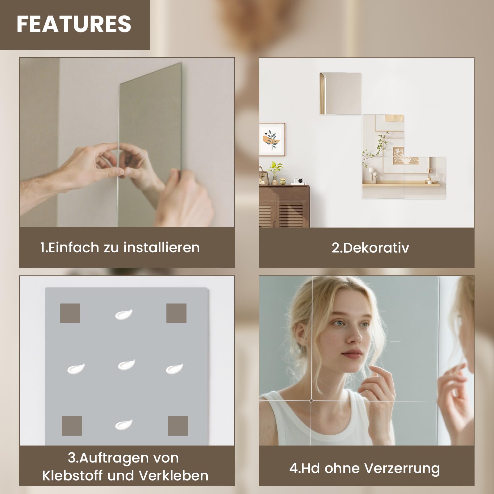 WEER Sicherer Klebespiegel Selbstklebend 4 Stück 35x29cm, 2mm Sicherheitsglas Wandspiegel, HD DIY Türspiegel, Ganzkörperspiegel, Badezimmer Ohne Bohren, Schlafzimmer & Kinderzimmer