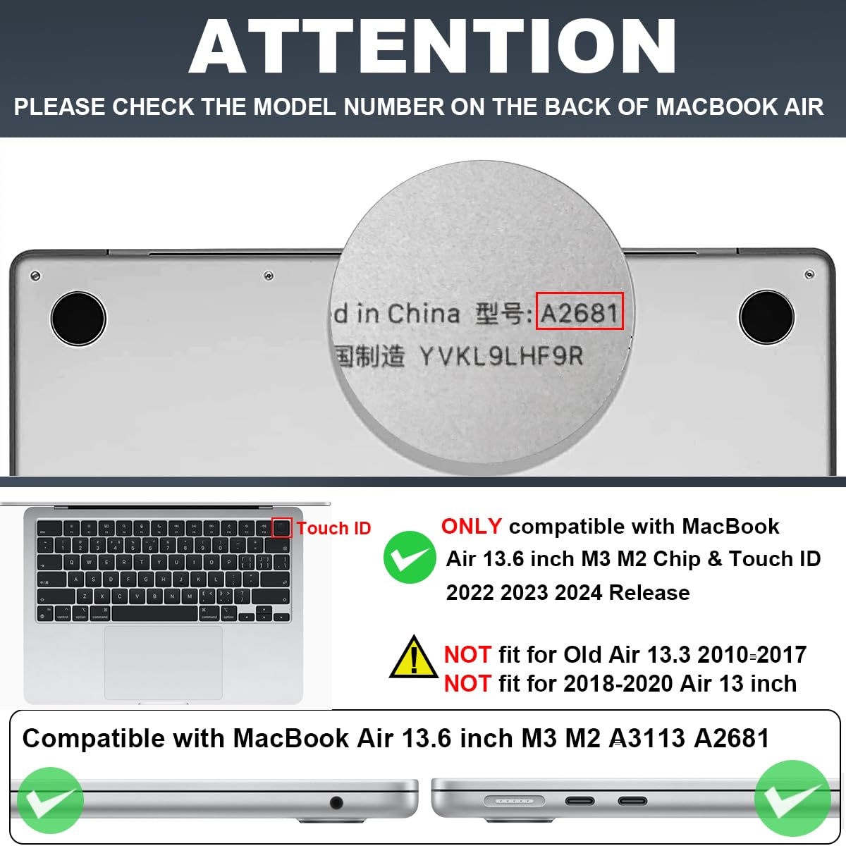 Funda para MacBook Air de 13.6 pulgadas 2024 2023 2022 modelo A3113 M3 A2681 M2, funda rígida de plástico con patrón impreso para teclado para Mac Air 13.6 2022, color negro