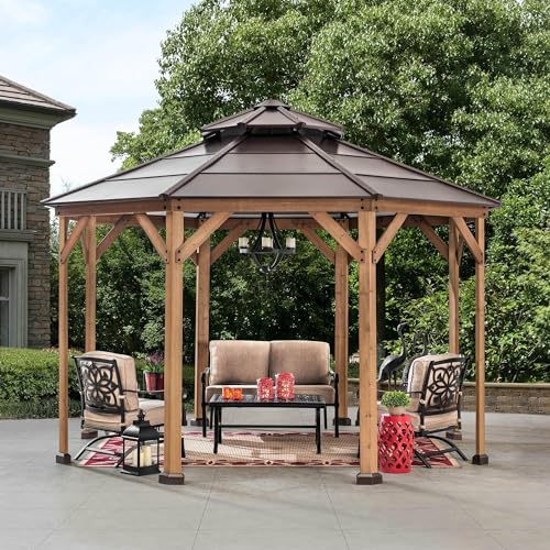 Sunjoy Ion Collection 13 x 13 ft. Cedar Framed Octagon Wood Gazebo with Brown Double Tiered Steel Hardtop Roof and Ceiling Hook for Garden, Backyard Shade - Image 4