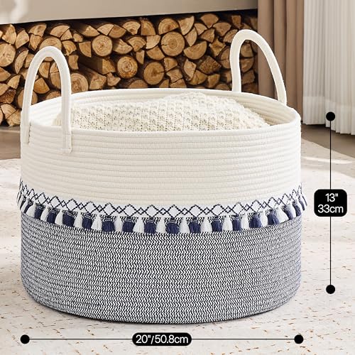Image of KAKAMAY Cotton Rope Storage Basket (20 inchx13 inch),Woven Hamper for Blankets,Toys,Pillows,Clothes,Laundry,Sturdy Handles Decorative Basket for Living Room, Bedroom,Nursery(Blue Printing)