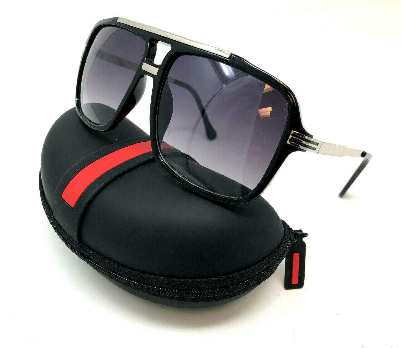 Evidence Metal & Plastic Hip Hop Flat Top Aviator Sunglasses (Black & Silver Frame w/Case, Black)
