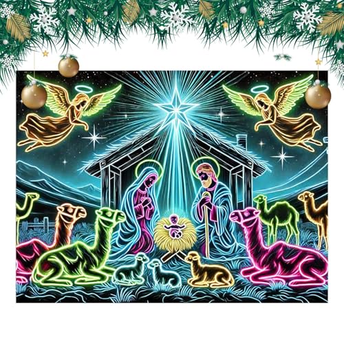 Tapisserie murale de la nativité 1,8 x 2,3 m fluorescente sous lumière noire