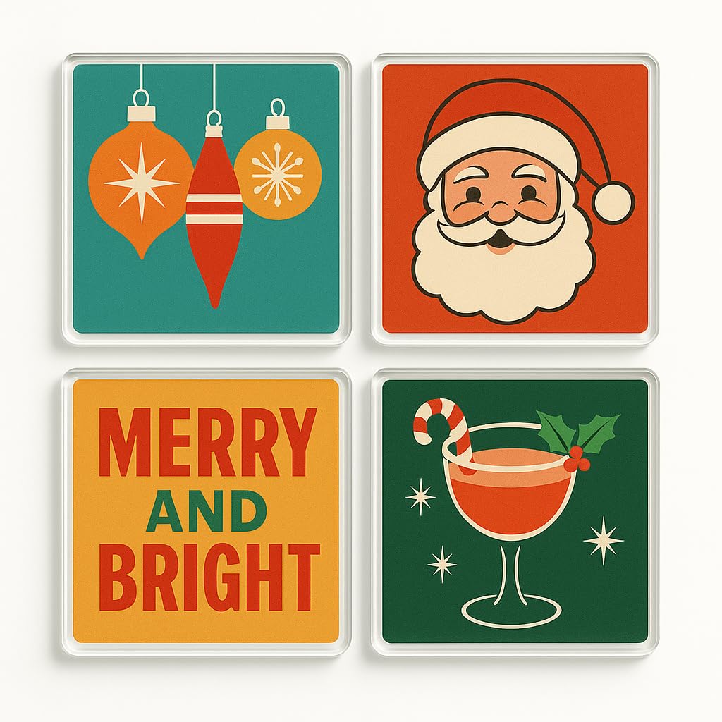 The Plum Penguin Retro Radiance Acrylic Christmas Coaster Gift Set Of 4 With Retro Festive Designs - Mid-Century Xmas Decor For Holiday Cheer