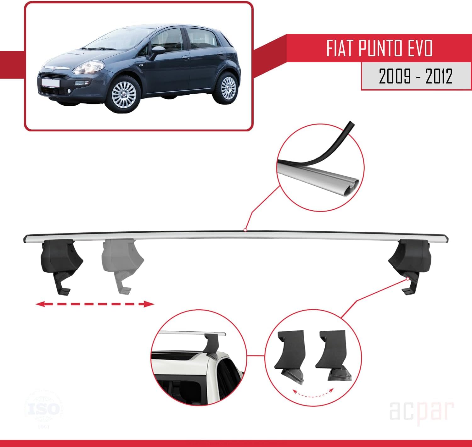 Compatible with Fiat Punto Evo (199) 2009-2012 ACE-4 Car Roof Rack Cross Bar Grey Aluminium 2 Bars