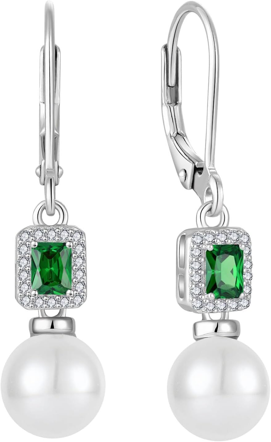 Pearl Drop Earrings Dangling 925 Sterling Silver Emerald Cut Leverback Earrings Birthstone Jewelry for Women