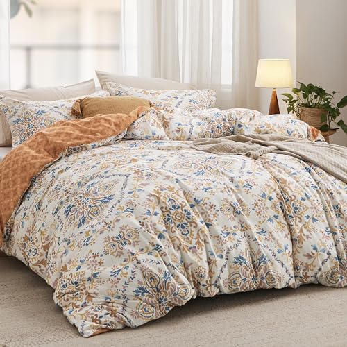 Image of Bedsure Duvet Cover Queen Size - Reversible Floral Duvet Cover Set with Zipper Closure, 3 Pieces Bohemian Orange Bedding Set with 8 Corner Ties and 2 Pillow Shams 20 inchx26 inch