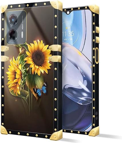 Funda para Moto G 5G 2023, diseño de girasoles de mariposa azul, 1 funda cuadrada para niña, de metal de lujo, decorativa, suave, TPU resistente a