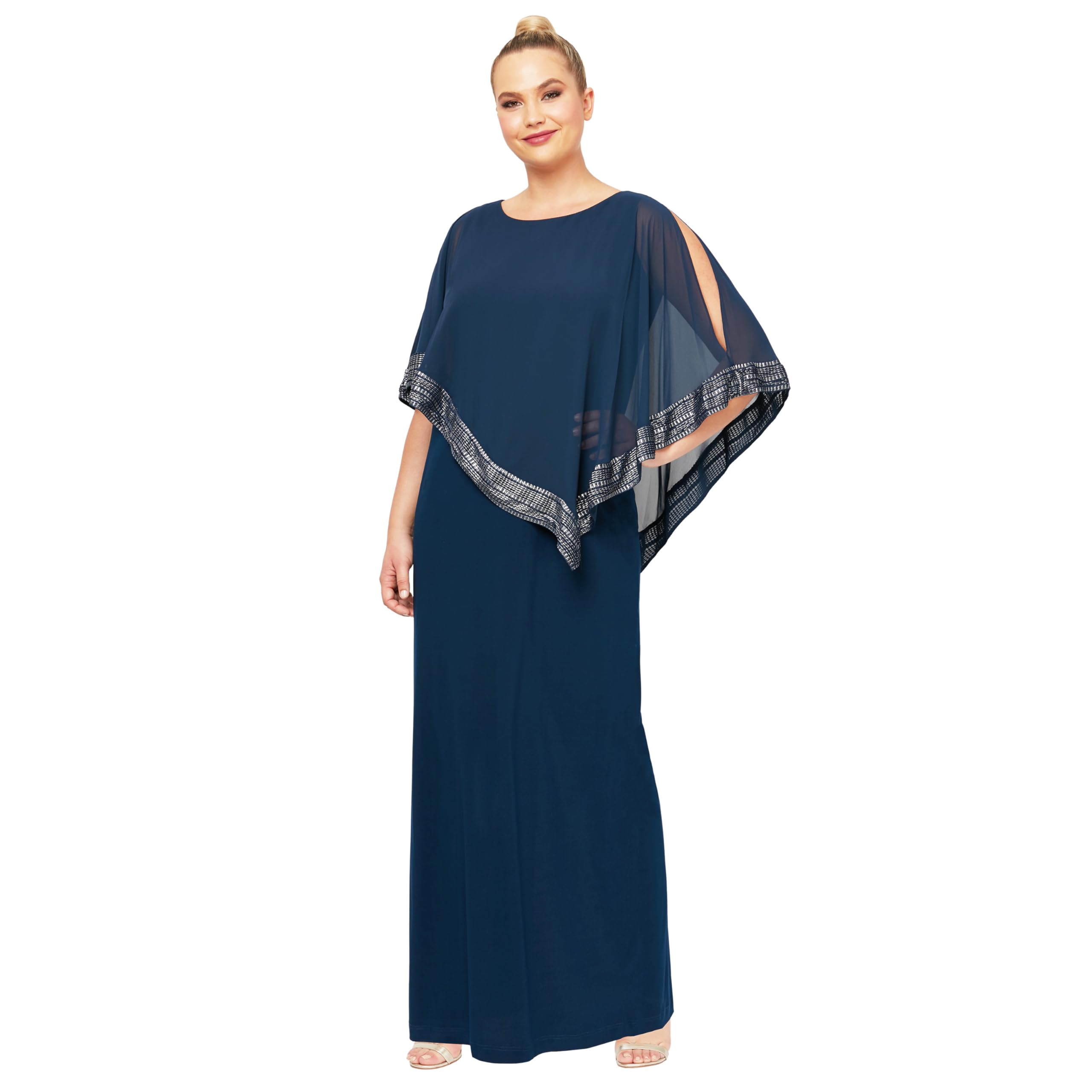 S.L. Fashions Women's Plus Size Long Cold Shoulder Capelet Dress with Metallic Trim