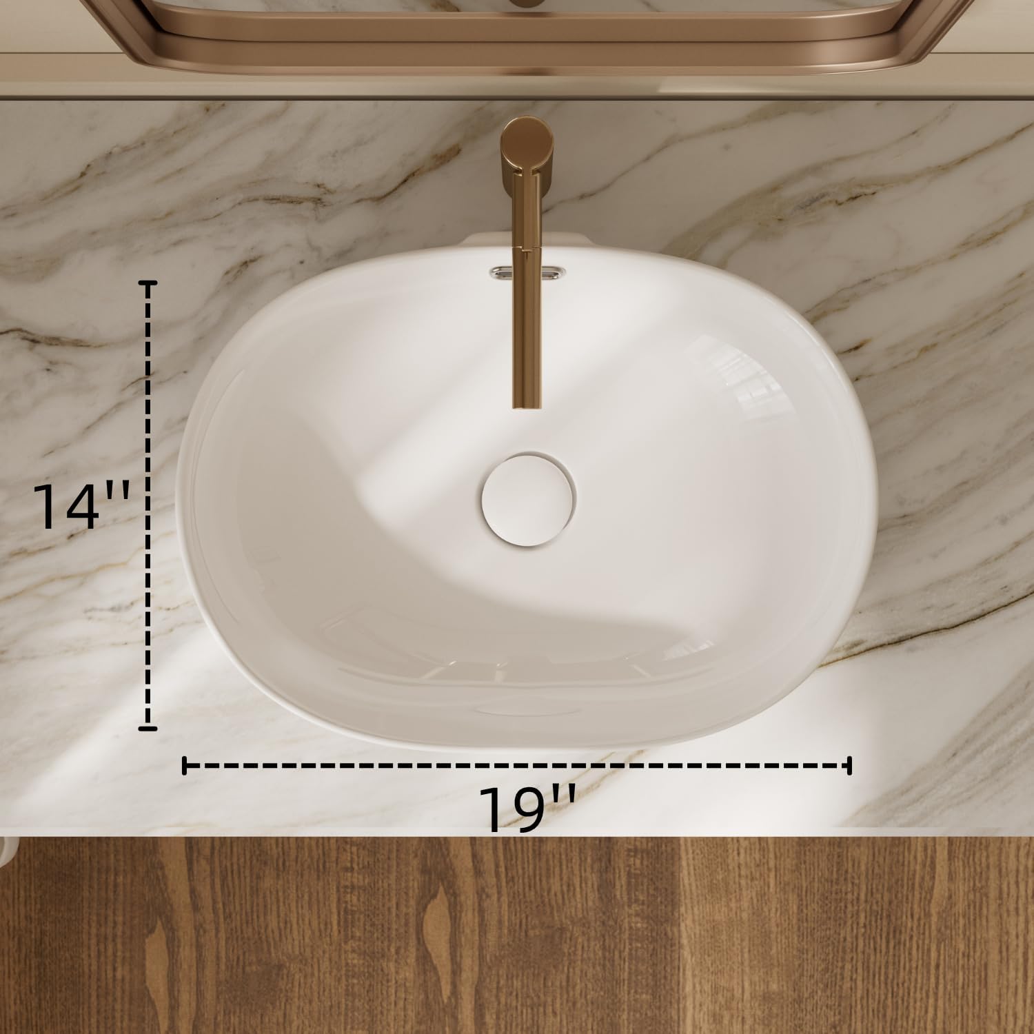 19"W x 14"D Oval Vessel Sink with Overflow, Los Flexi 19 Inch Oval White Ceramic Countertop Bathroom Sink, Small Vessel Sinks For Bathrooms, Easy Install Above Counter Basin