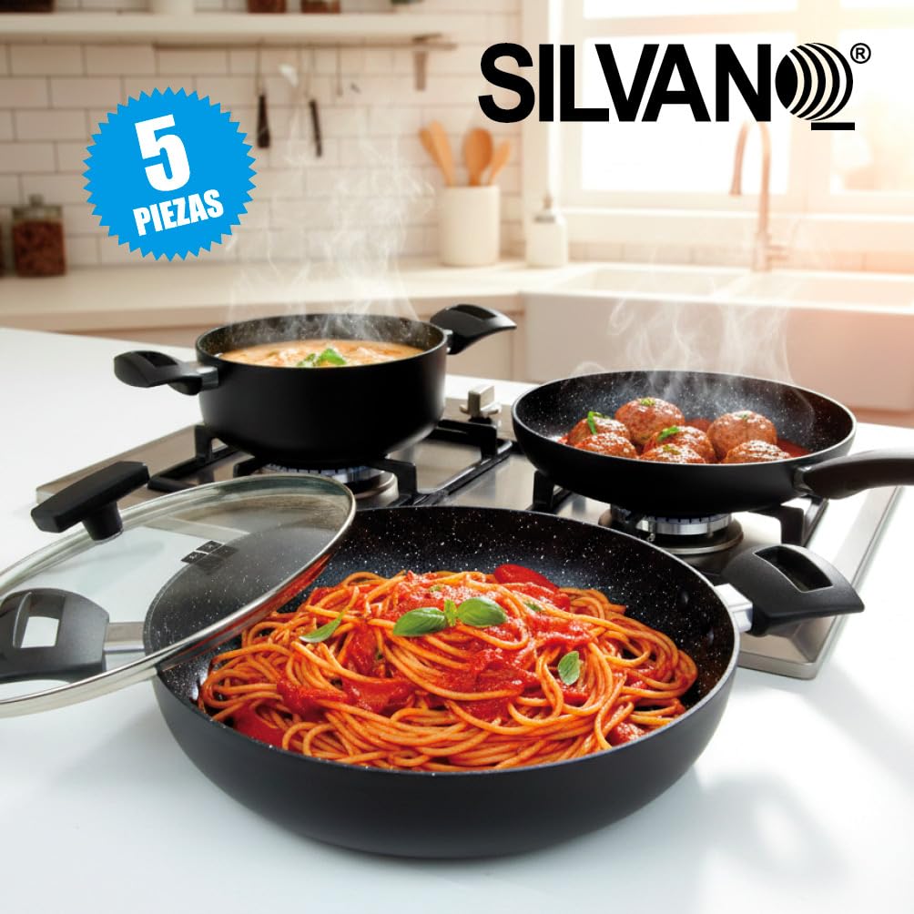 Batería de Cocina 5 Piezas Antiadherente | Juego de Ollas y Sartén de Aluminio | Apta para Inducción, Gas y Vitrocerámica | Tapas de Cristal | Juego de Sartenes y Ollas para Cocina