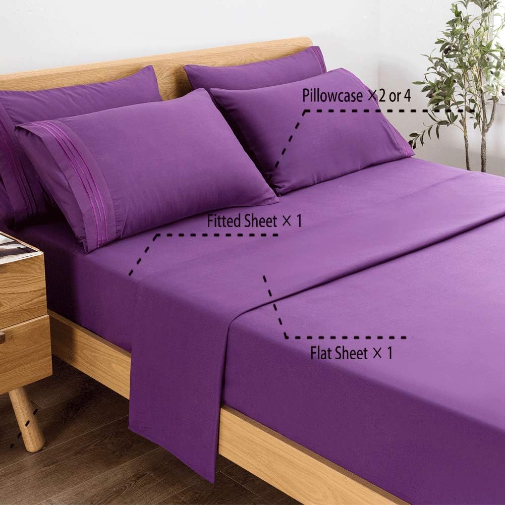 SONORO KATE Bed Sheets Set Sheets Microfiber Super Soft 1800 Thread Count Egyptian Sheets 16-Inch Deep Pocket Wrinkle- 6 Piece (Purple, King)