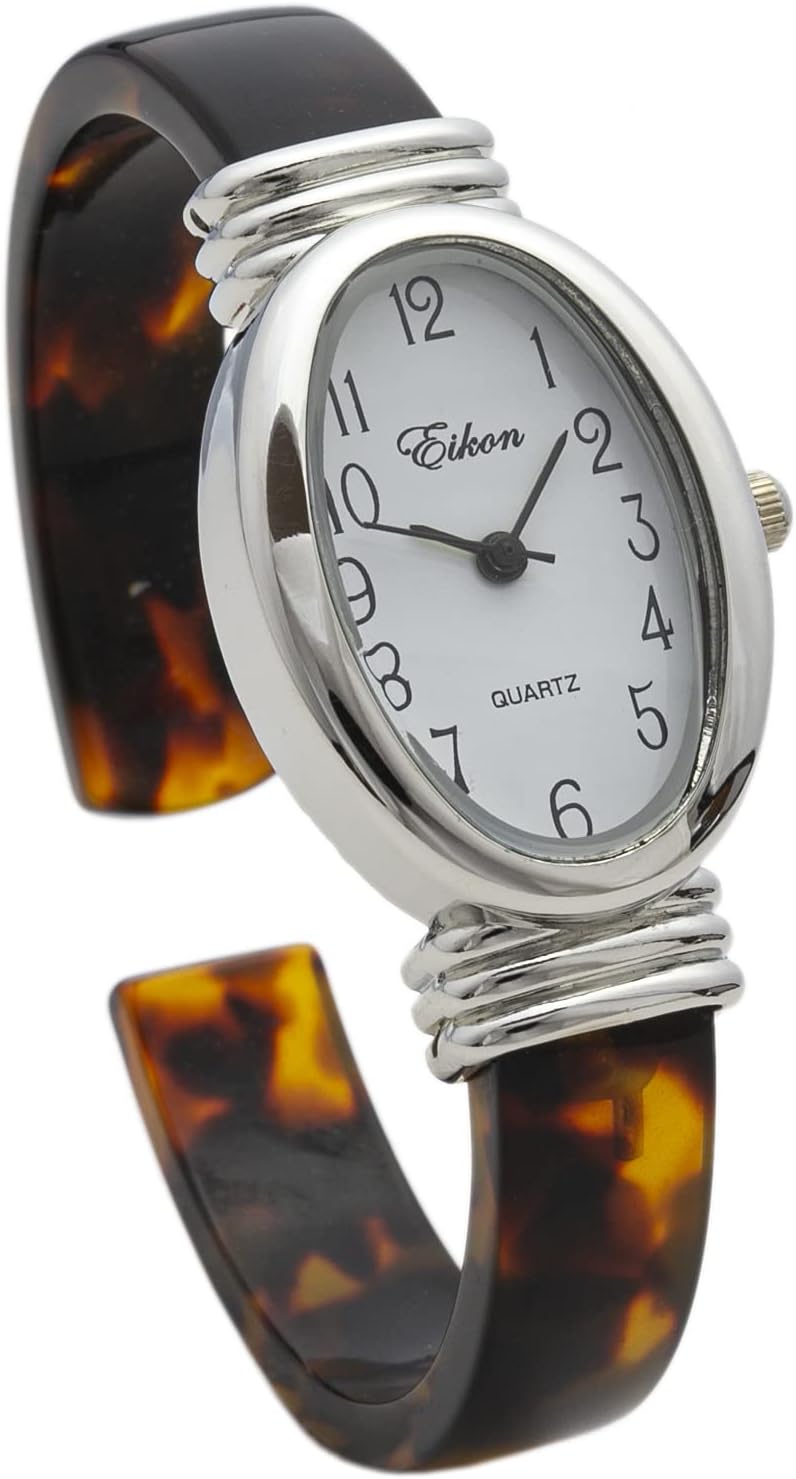 Blekon Collections Women's Quartz 31mm Oval Case Multicolor Acrylic Cuff Bangle Watch (Tortoise)