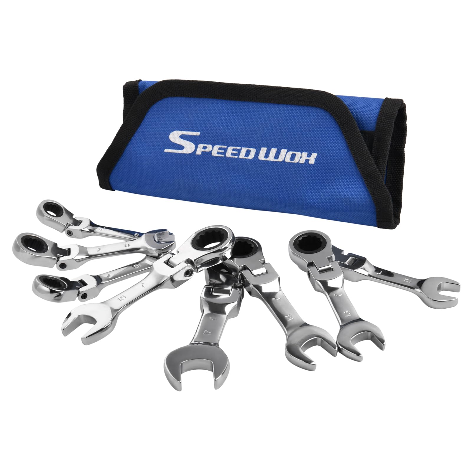 SPEEDWOX 8PCS Flex-Head Stubby Ratcheting Combination Wrench Set with Rolling Pouch Metric 9-17 mm, 72-Teeth Open End Ratchet Wrench Offset Extension CRV, Mirror Polishing â image 1