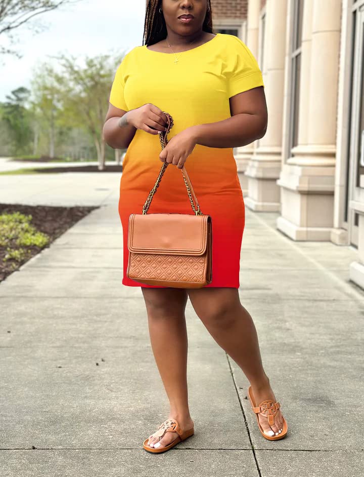Image of PINSV Women Plus Size Summer Casual T Shirt Dresses Short Sleeve Tunic Dress with Pockets Yellow Gradient 4XL1